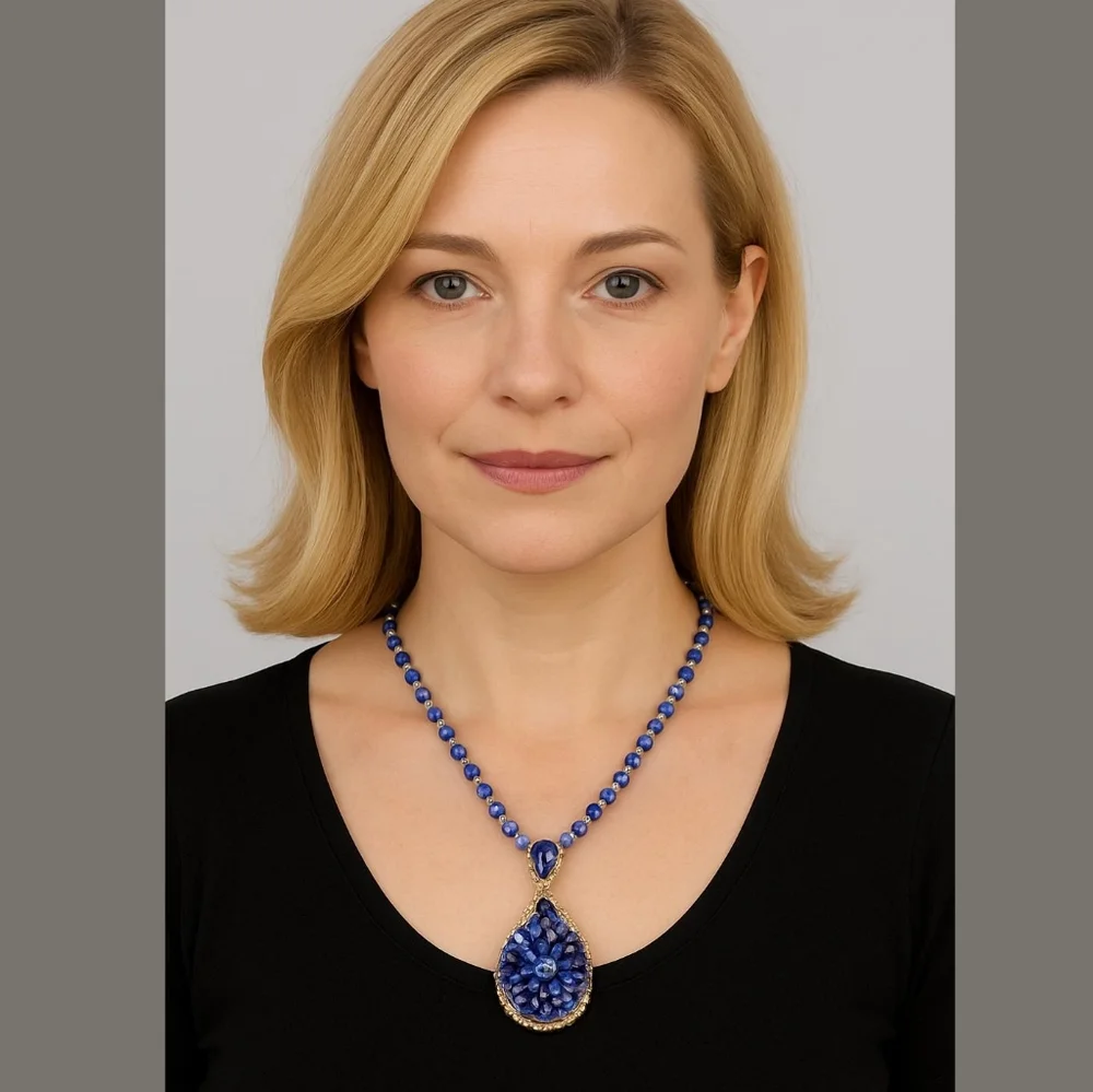 Royal Blue Floral Cat's Eye Teardrop  Crystal Bead Pendant Necklace Goldtone - Picture 2 of 6